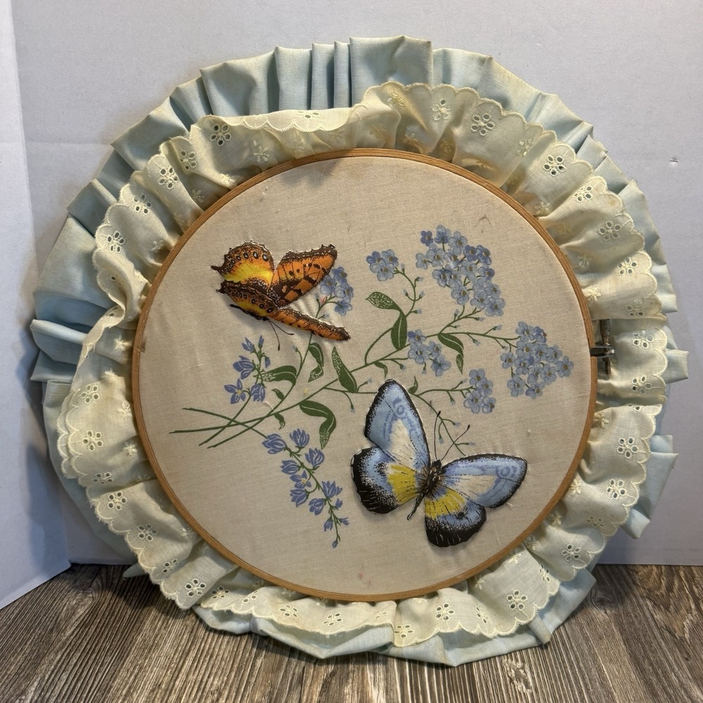 Vintage 70s Embroidery Hoop Butterfly Art Quilted Ruffle Wall Hanging